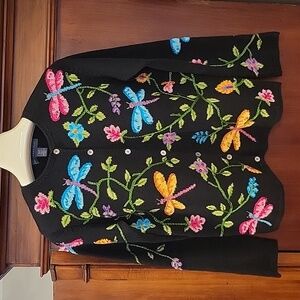 Northern Isles | Colorful Embroidered Dragonfly Floral Knit Cardigan Sweater - S